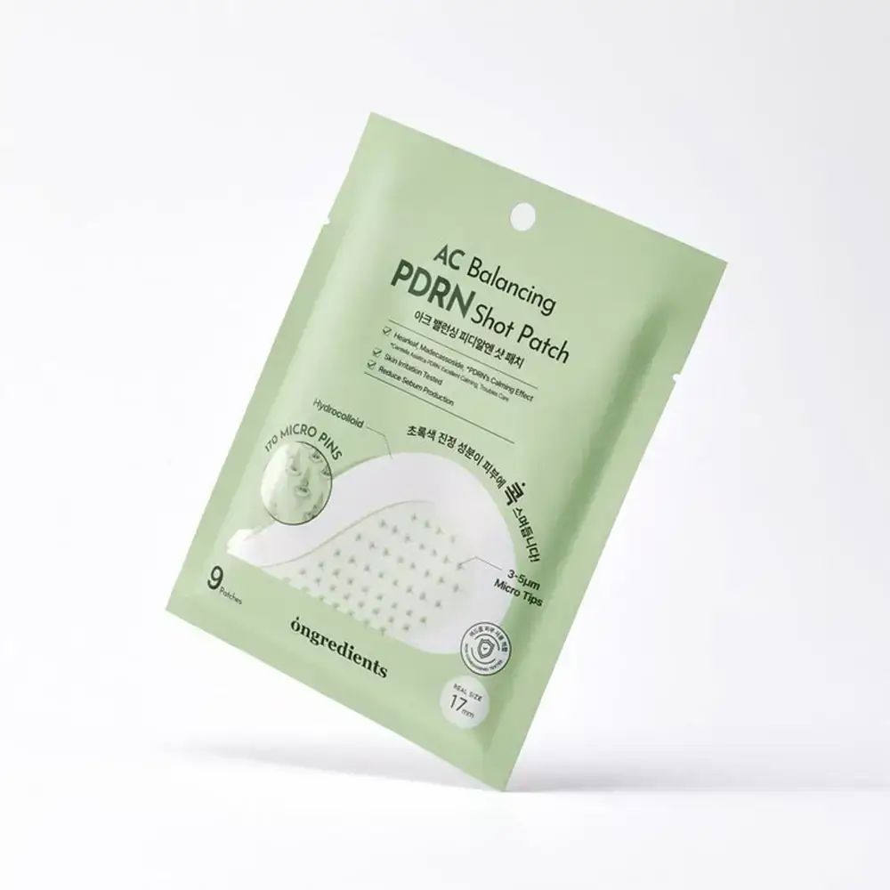 Packung mit 9 AC Balancing PDRN Shot Patches mit 100 Mikro-Pins zur Hautpflege.