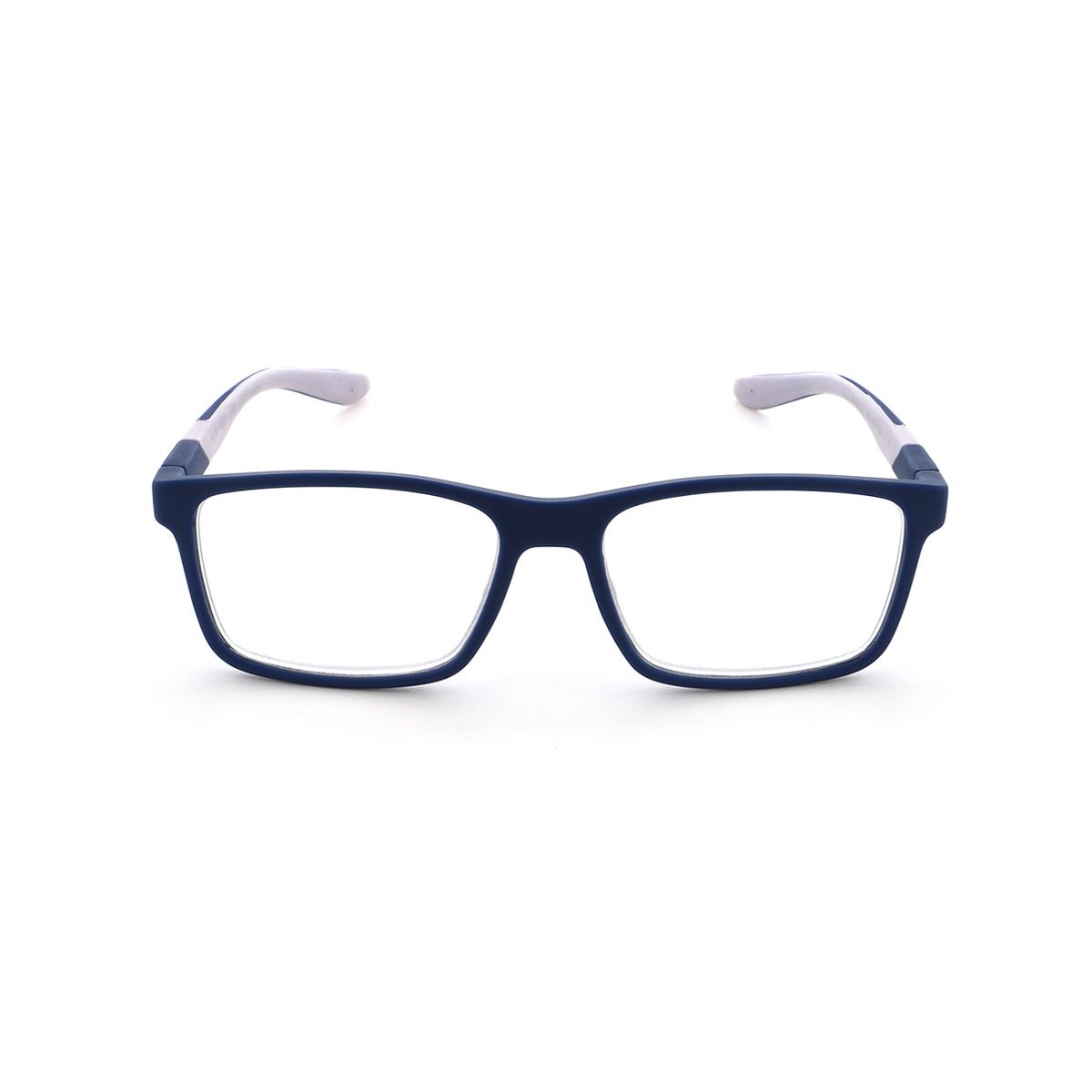 Blaue Brille mit grauen Bügeln. Rechteckige Form. Perspektive von vorne.