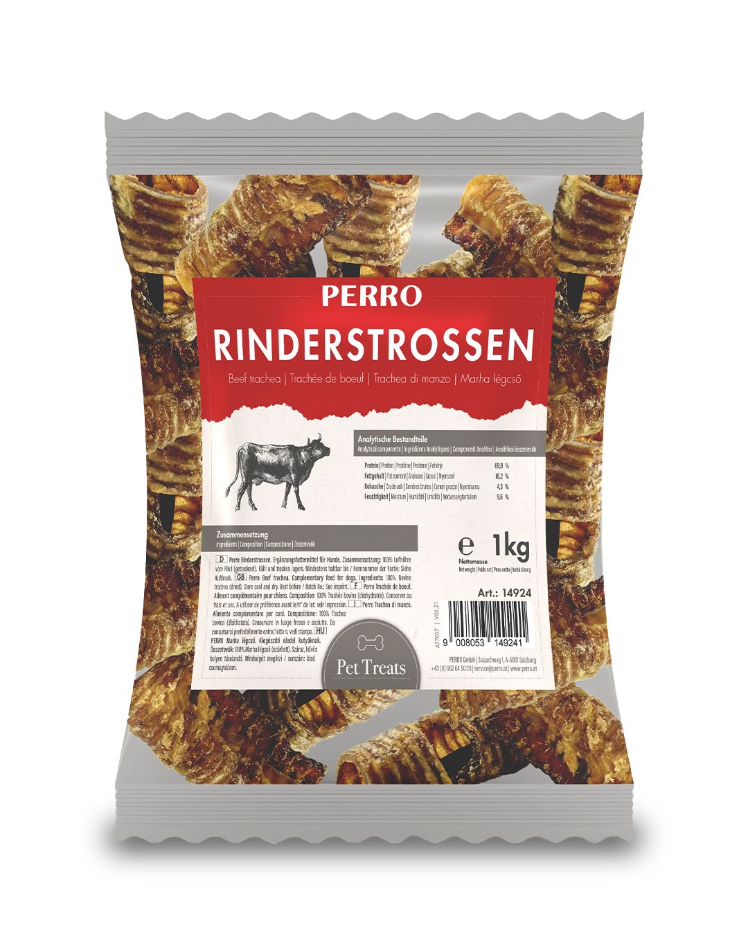 Beutel mit Rinderstrossen-Kauartikeln. Aufdruck: PERRO, RINDERSTROSSEN, 1 kg. Enthält Informationen zu Inhaltsstoffen und Analyse.