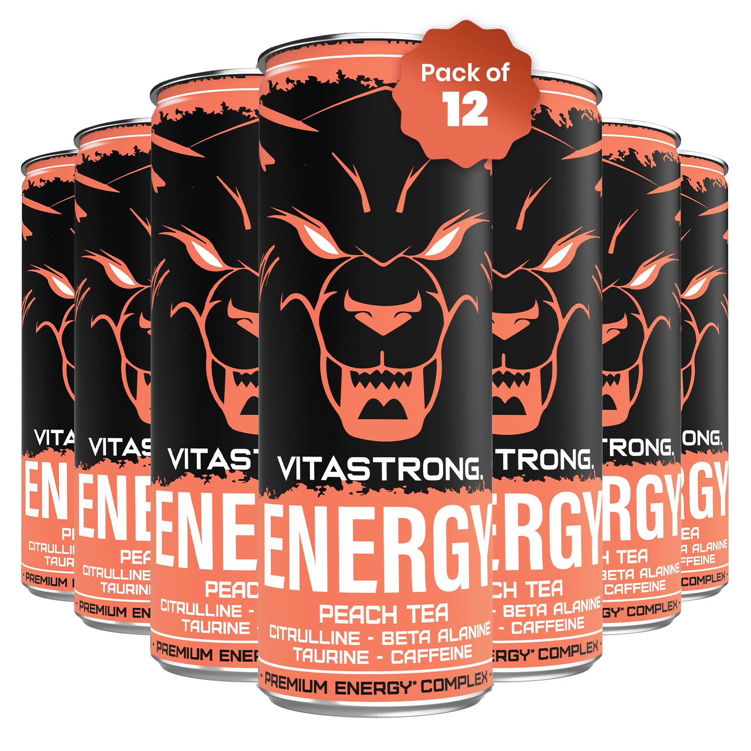 Packung mit 12 Dosen Pfirsichtee. Text: Vitastrong Energy Peach Tea. Dose mit Wolfsgesicht und Text: Energy, Peach Tea.