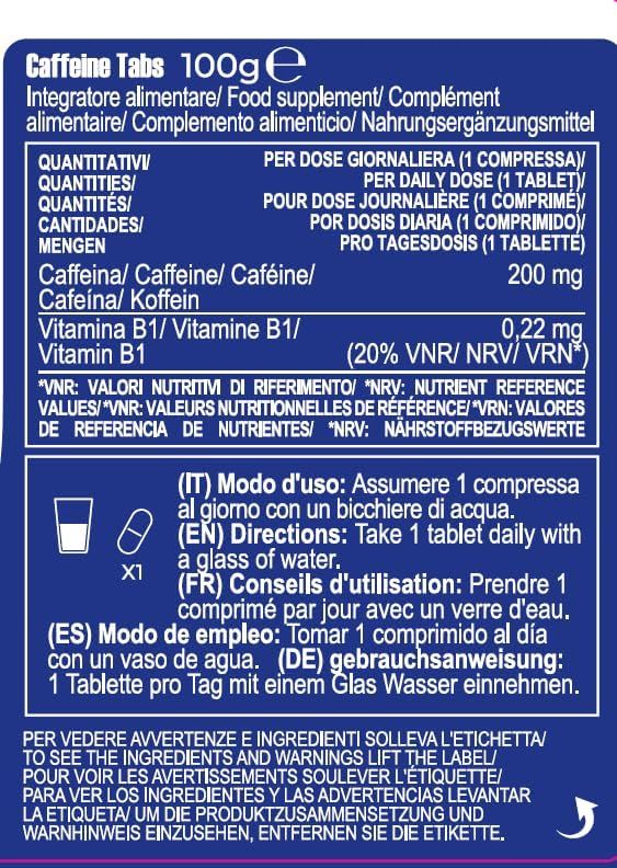 Rückseite einer Packung mit Koffeintabletten, 100g.