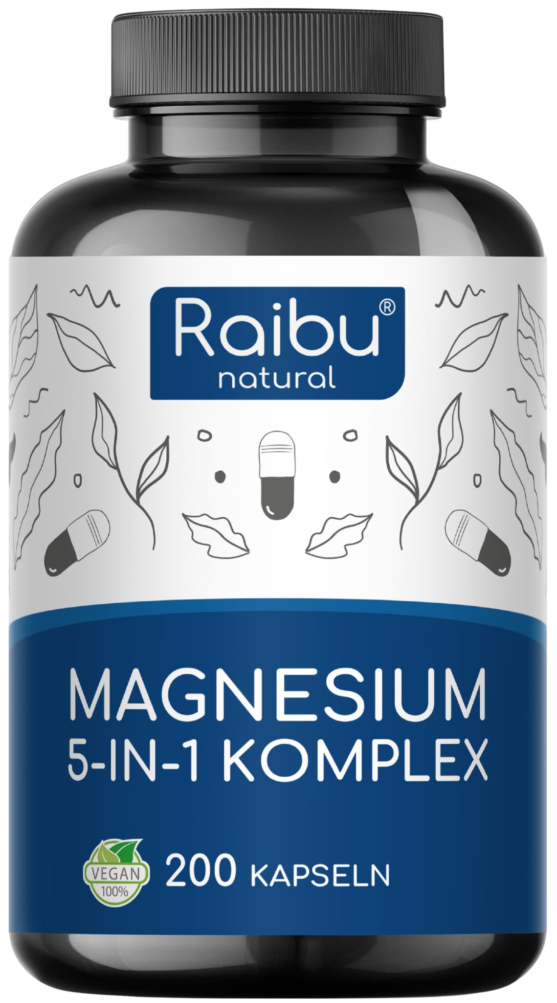 Schwarze Flasche mit Kapseln. Aufschrift: Raibu natural, Magnesium 5-in-1 Komplex, 200 Kapseln. Vegan.