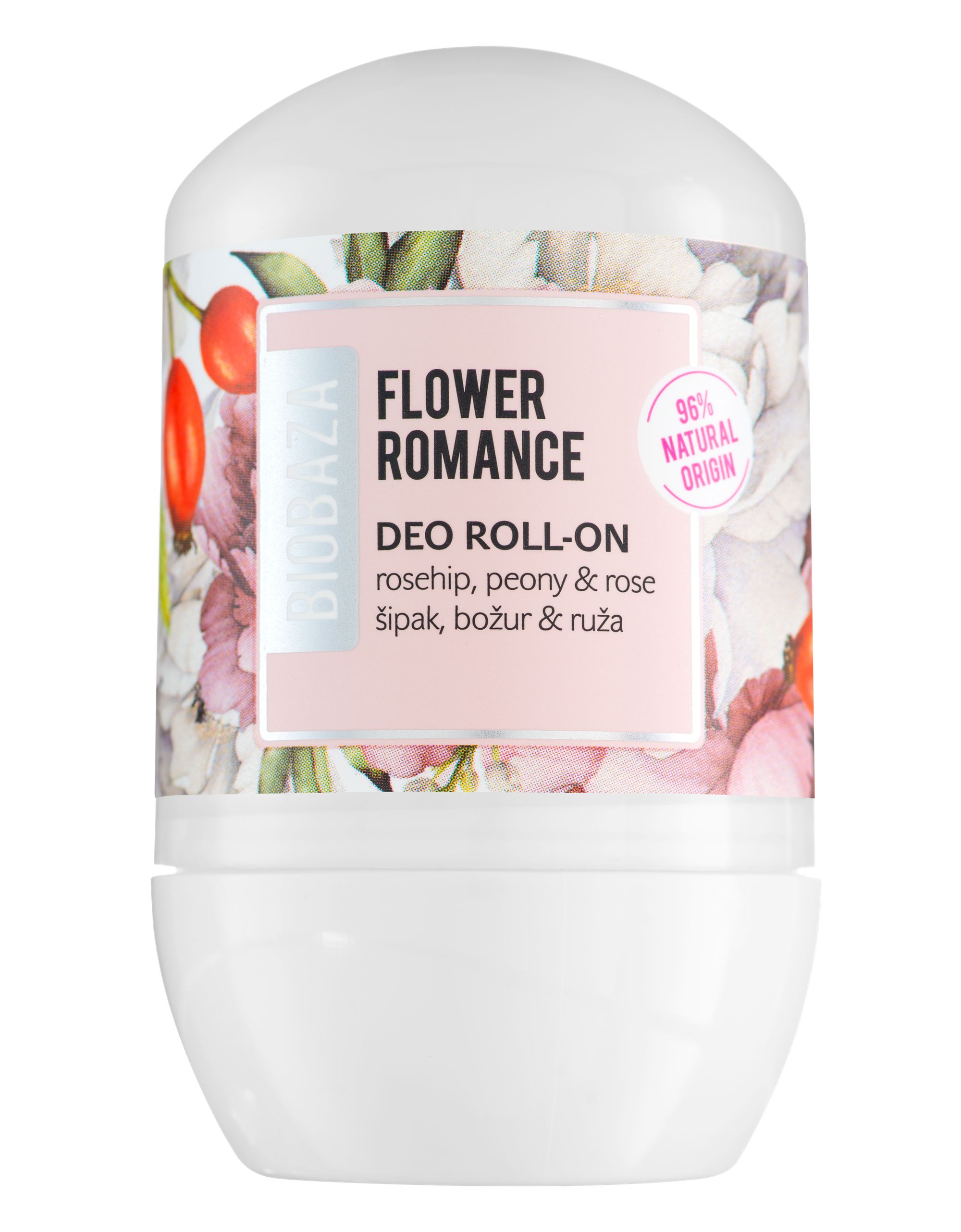 Weißer Deo Roll-on mit floralem Design. Aufschrift: Flower Romance, Deo Roll-on, 96% Natural Origin. Marke: Biobaza.