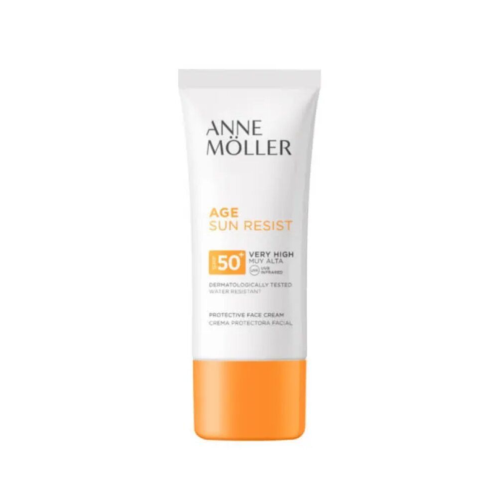 Sonnencreme-Tube. Anne Moller Age Sun Resist SPF50+. Weiß, orangefarben. Text: Very High, dermatologisch getestet, wasserfest.