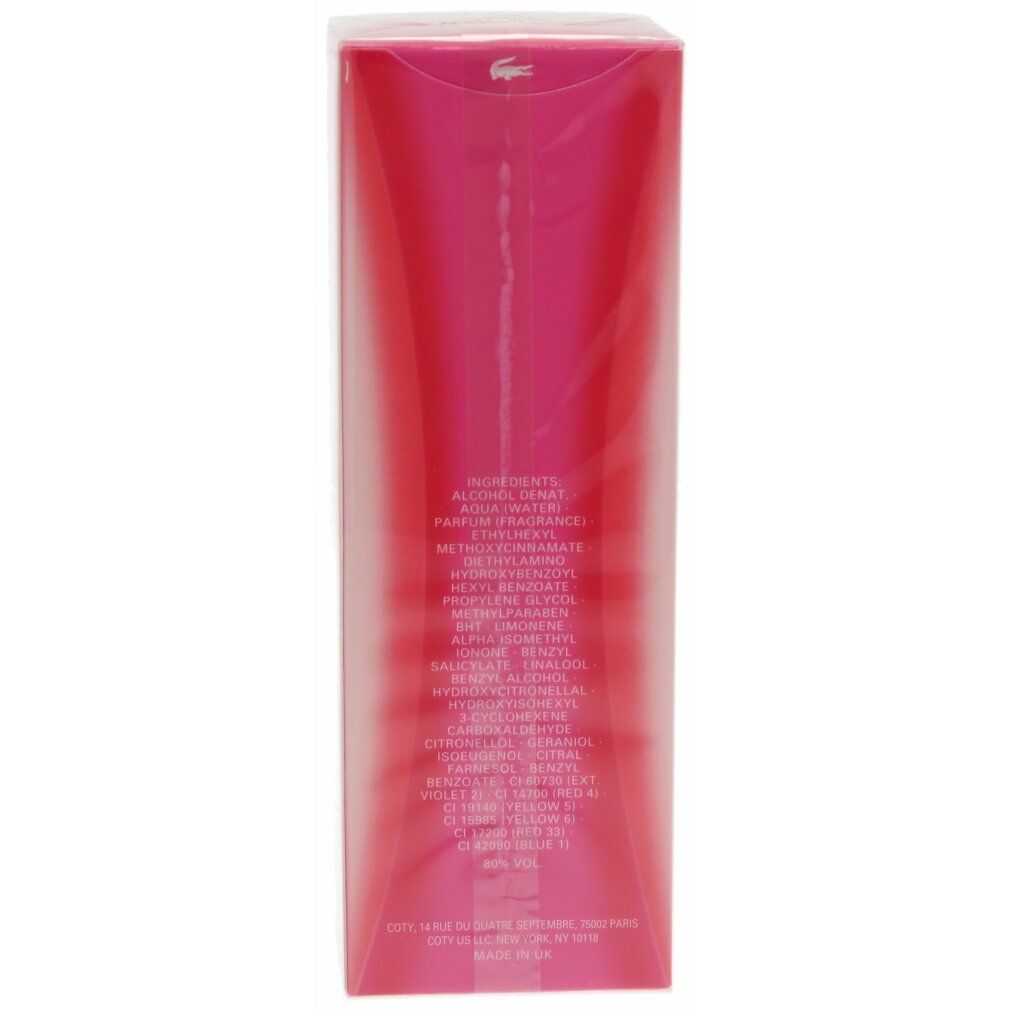 Rückseite der rosa Lacoste Touch of Pink Eau de Toilette Verpackung mit Inhaltsstoffen.