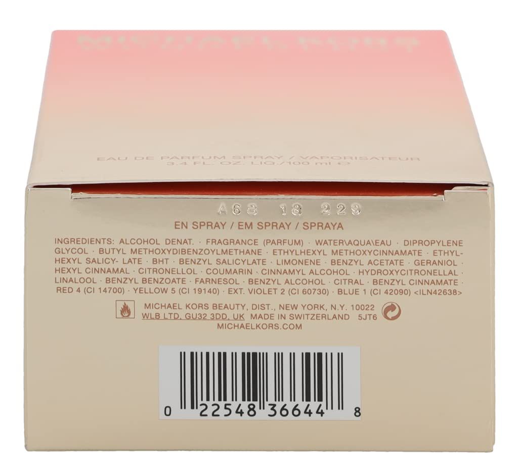 Verpackung von MICHAEL KORS WONDERLUST. Text mit Inhaltsstoffen, Barcode und Logo. Rosa Farbverlauf.
