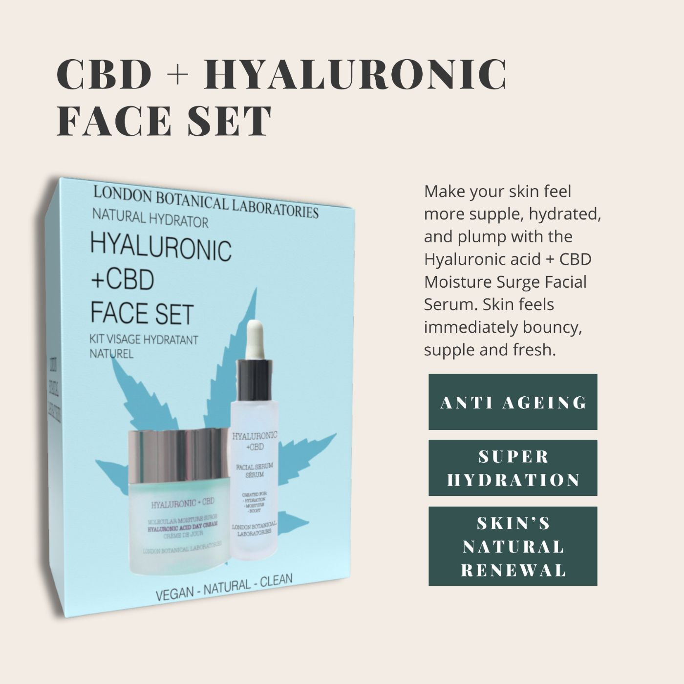 Geschenkset mit Creme und Serum. Hellblaue Verpackung mit Produktnamen und Hanfblatt-Design. Vegan, natürlich, sauber.