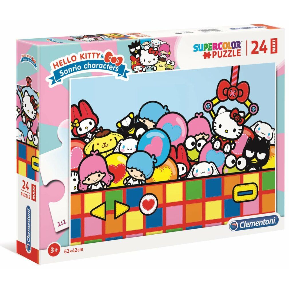 Clementoni Maxi Puzzle Hello Kitty, 24 Teile. Verpackung mit Puzzle-Motiv. Hello Kitty und Sanrio-Figuren. Altersempfehlung 3+. Abmessungen 62x42cm.