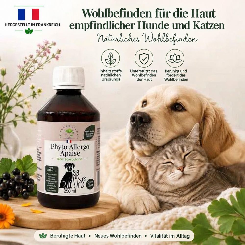 Braune Glasflasche mit Phyto Allergic Apaise für Hunde und Katzen, 250 ml. Ein Hund und eine Katze sind abgebildet.