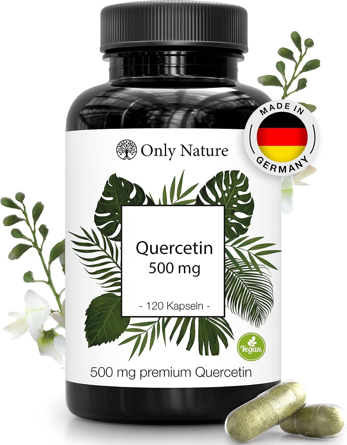 Flasche Only Nature Quercentin Kapseln. Text: Quercentin 500 mg - 120 Kapseln - 500 mg premium Quercentin. Vegan-Siegel. Kapseln daneben.