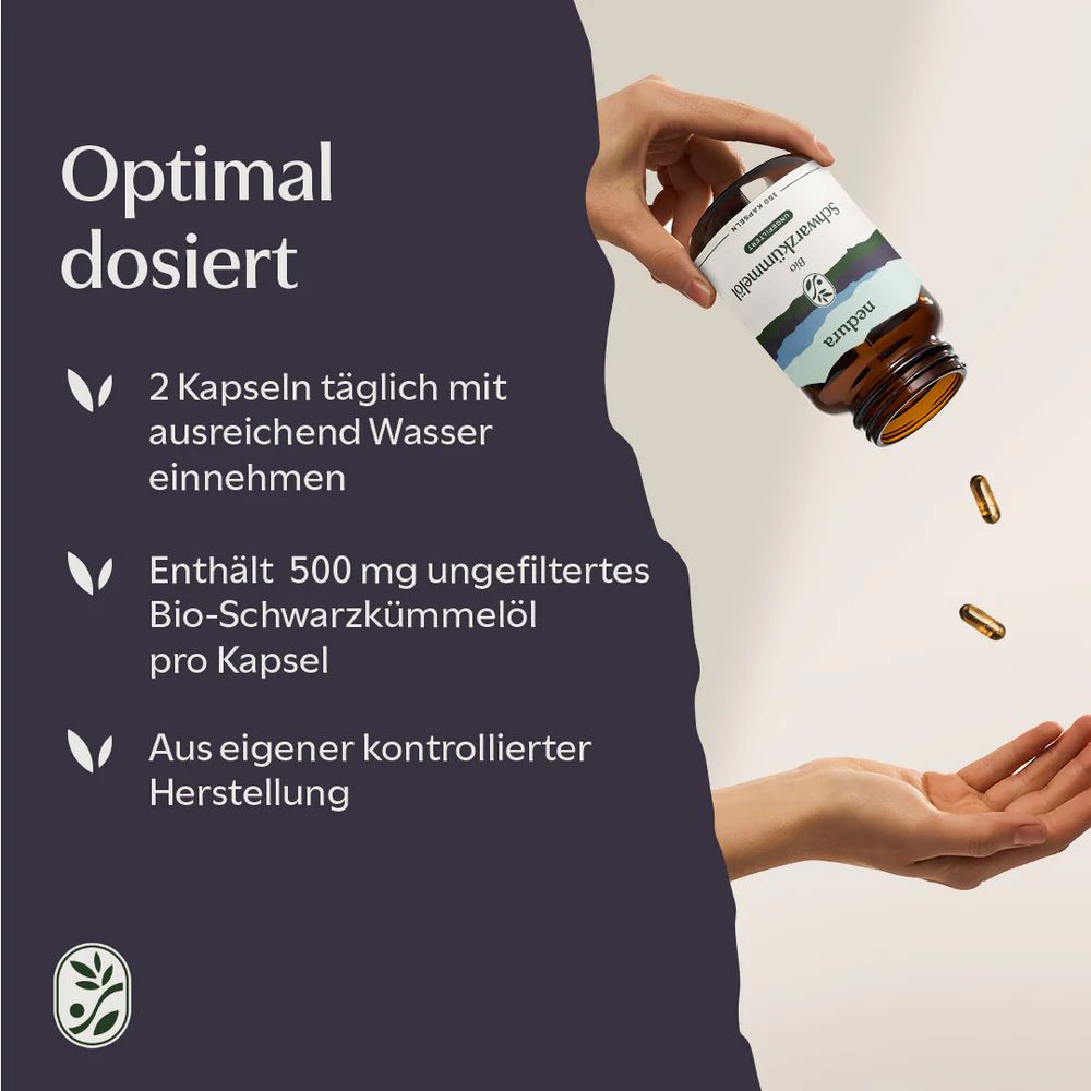 Hand mit Kapseln. Text: Optimal dosiert. 2 Kapseln täglich. Enthält 500 mg Bio-Schwarzkümmelöl.