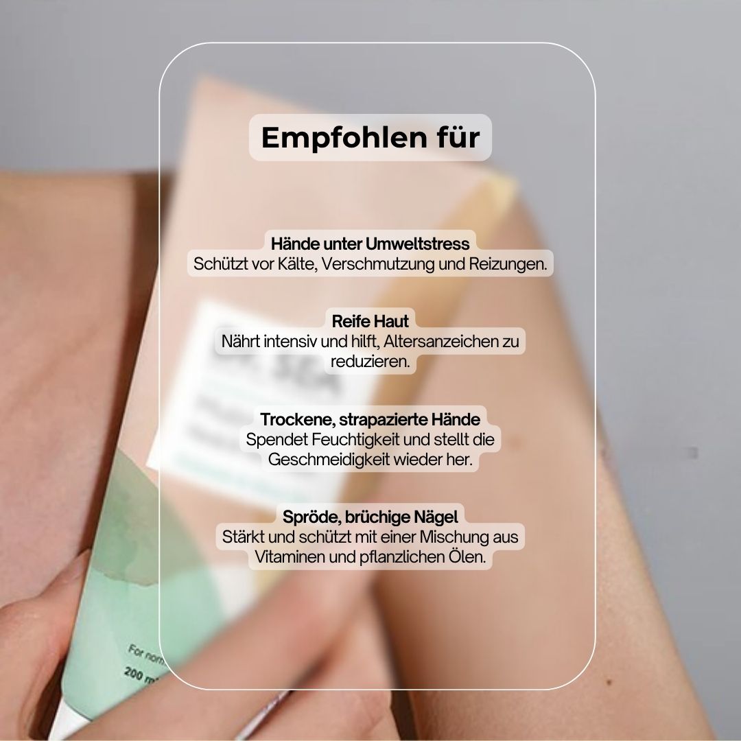 Creme-Tube. Dr. Sea Multivitamin Hand- & Nagelcreme. Avocado & Olivenöl. Empfohlen für: Hände, reife Haut, Nägel.
