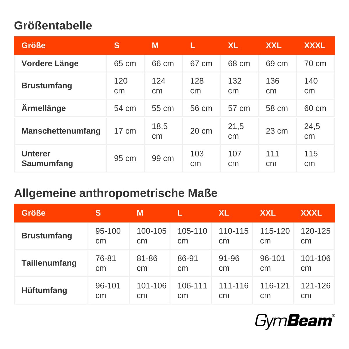 Größentabelle für Herrenbekleidung mit Maßen für Länge, Brustumfang, Ärmellänge und mehr.