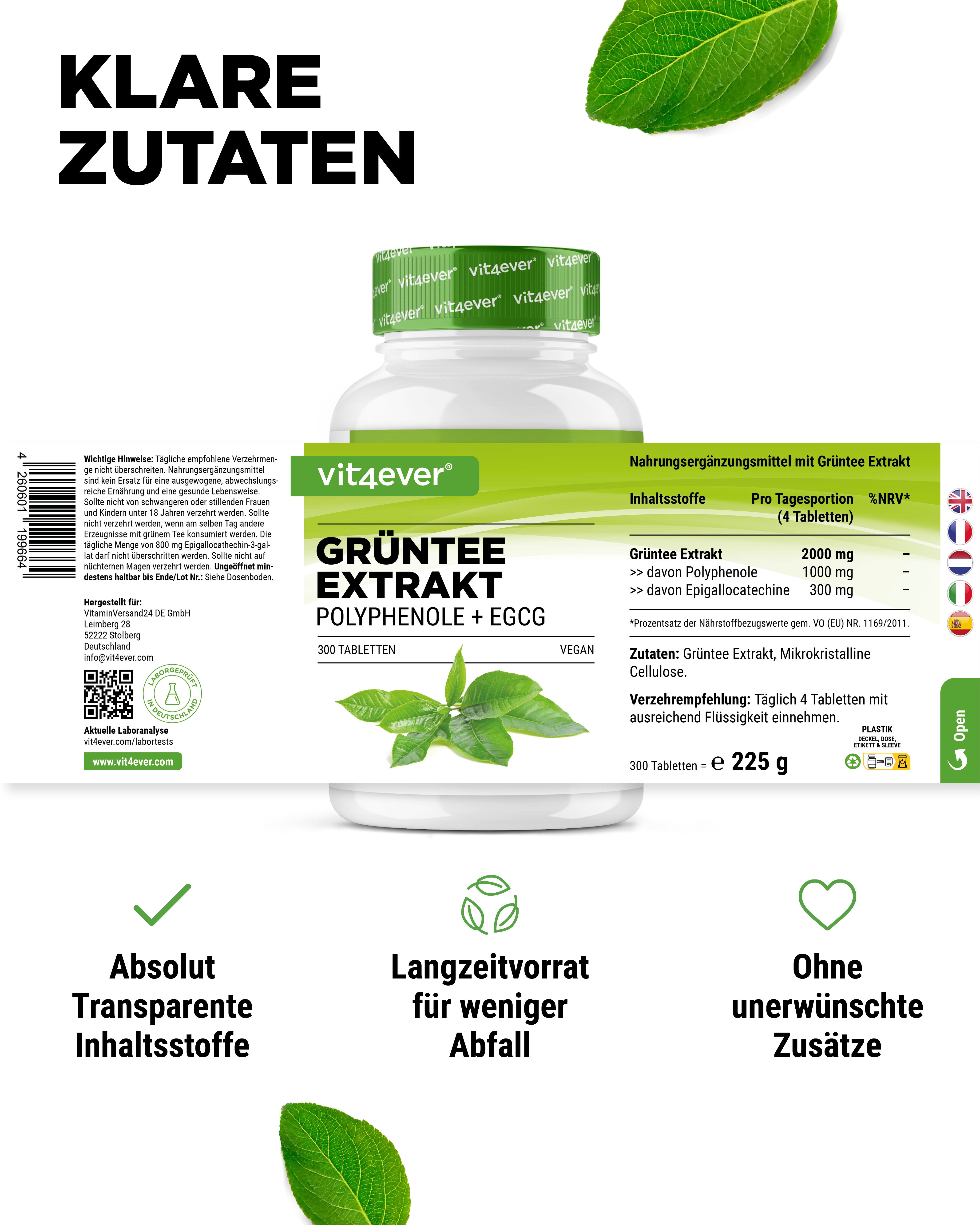 Weiße Flasche mit grünem Etikett. Aufschrift: Grüntee Extrakt, Polyphenole + EGCG. Vegan. 300 Tabletten. Nährwertangaben.