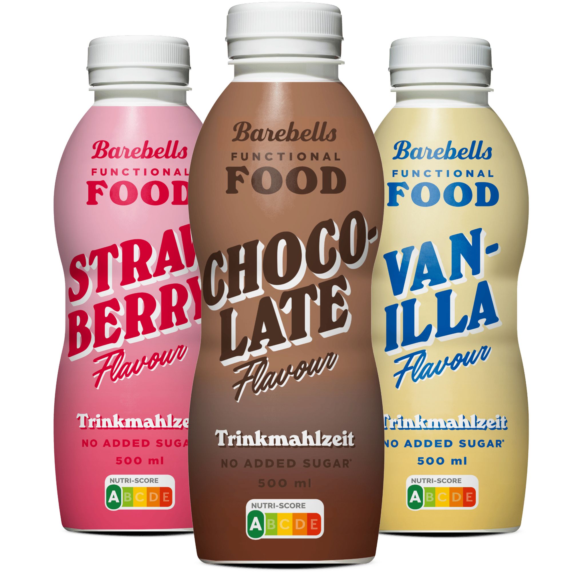 Drei Trinkmahlzeit-Flaschen: Erdbeere, Schokolade und Vanille. Weiße Deckel, farbige Etiketten mit Schriftzug.