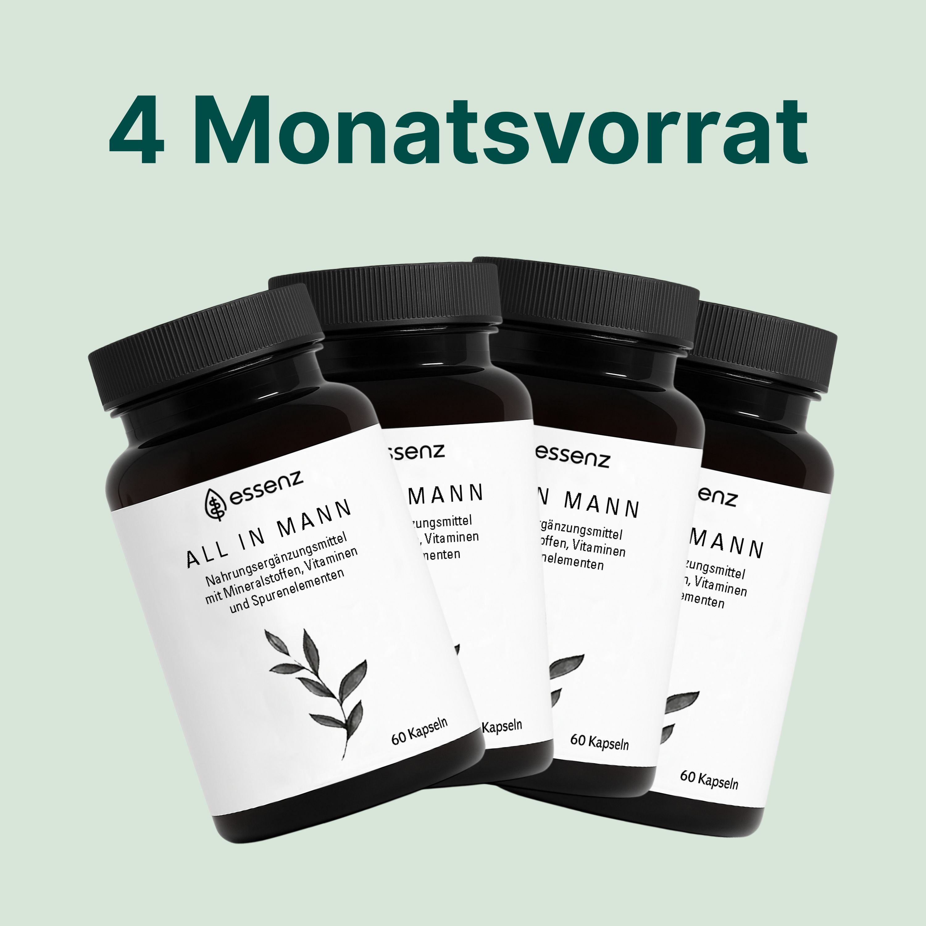 Vier Flaschen ESSENZ ALL IN MANN Kapseln. Aufschrift: 4 Monatsvorrat. Schwarze Deckel, weiße Etiketten mit Produktinformationen.