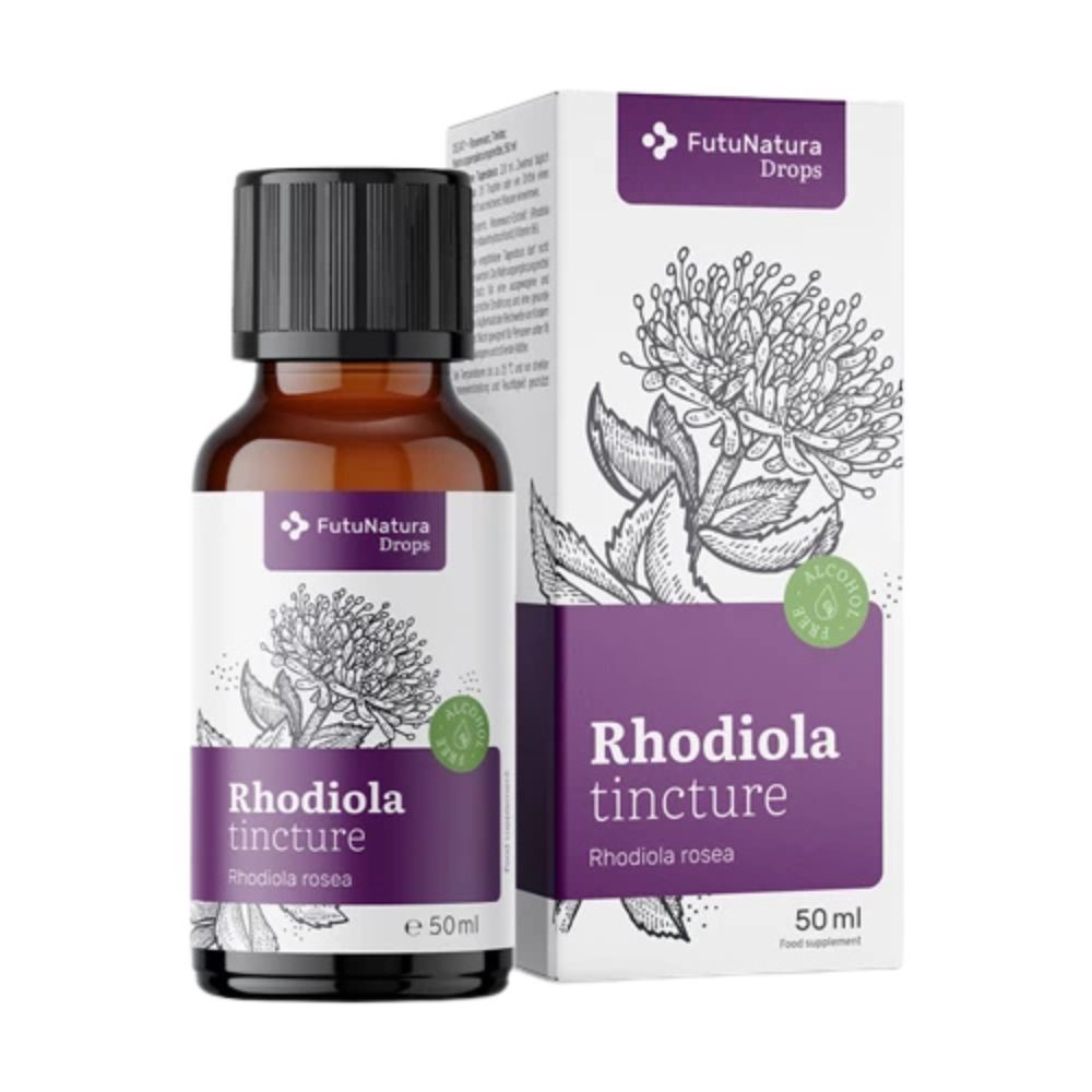Flasche und Karton mit Rhodiola Rosea Tinktur, 50 ml.