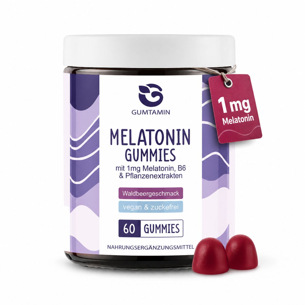 Gumtamin Melatonin Sleep Gummies: Flasche mit 60 Gummis, 1mg Melatonin pro Dosis, Waldbeergeschmack.