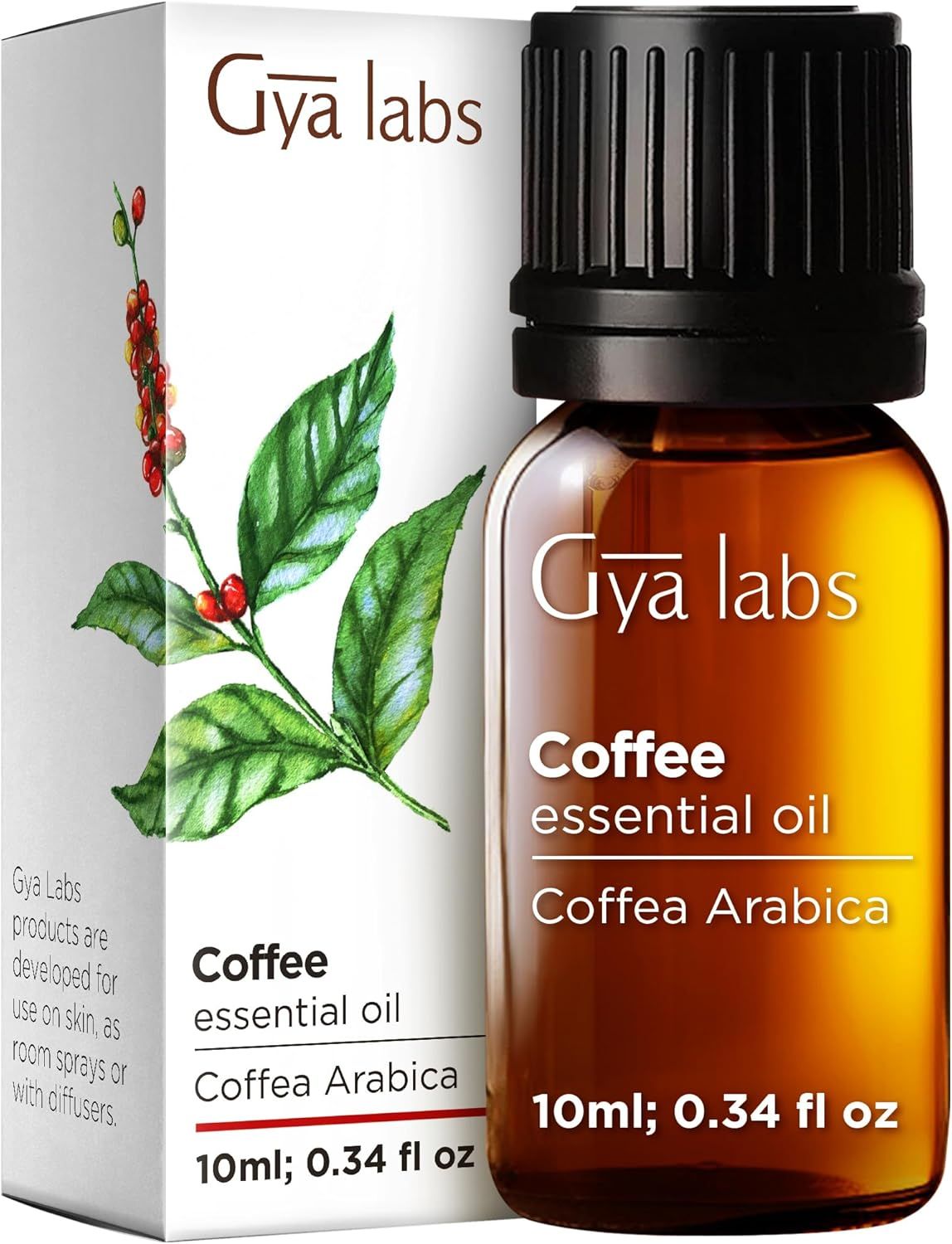 Gya Labs Kaffee ätherisches Öl Flasche und Verpackung. Text: Kaffee ätherisches Öl, Coffea Arabica. 10ml; 0,34 fl oz. Gya Labs Produkte.