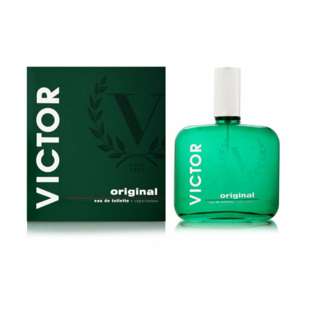 Grüne Flasche und Schachtel von Victor Original Eau De Toilette Spray. Aufschrift: VICTOR, original, eau de toilette + vaporisateur.