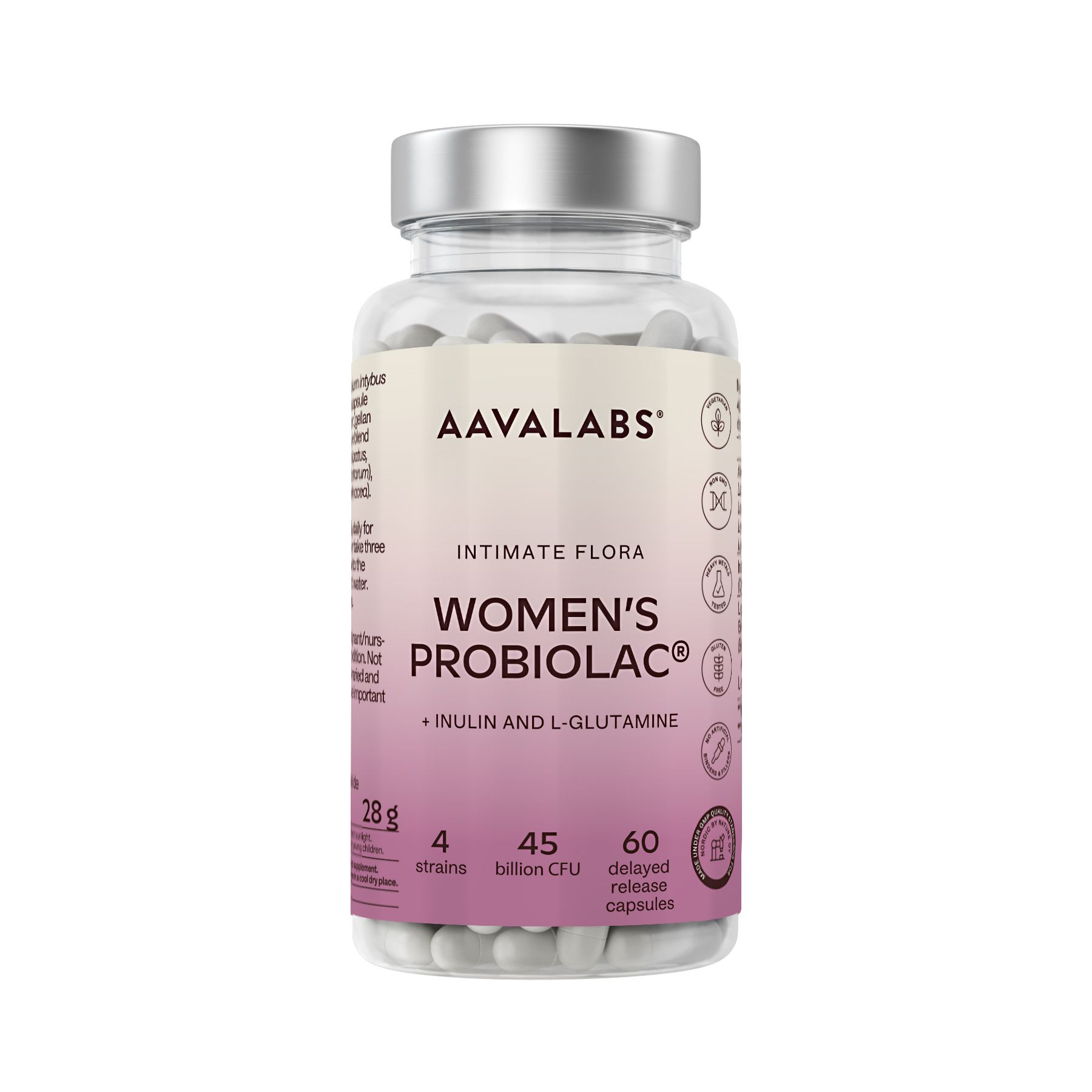 Kapseln in einer Glasflasche. Aufschrift: AAVALABS, Women's Probiolac, Intimate Flora. 60 Kapseln.