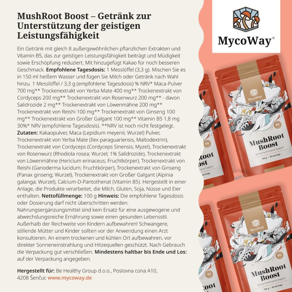 Text und mehrere Beutel MycoWay MushRoot Boost. Text: Getränk zur Unterstützung der geistigen Leistungsfähigkeit. Zutatenliste.