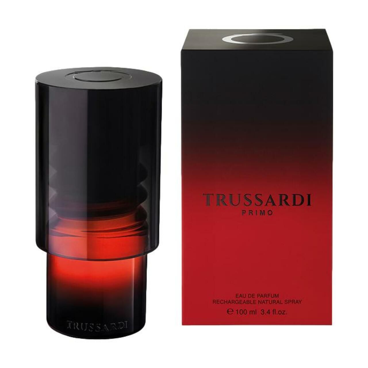 Flakon und Verpackung. Flakon zylindrisch, schwarz-rot. Verpackung schwarz-rot mit "TRUSSARDI PRIMO".