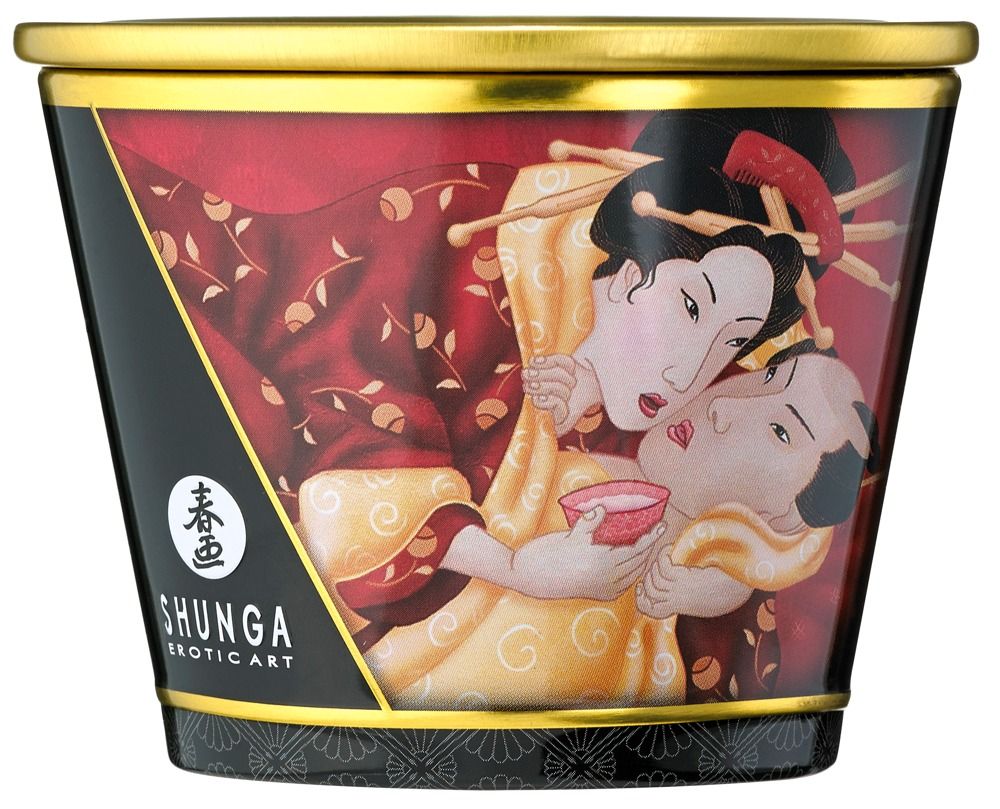 Kerzenbehälter mit rotem und schwarzem Dekor. Goldfarbener Rand. Shunga-Logo. Darstellung zweier Personen.