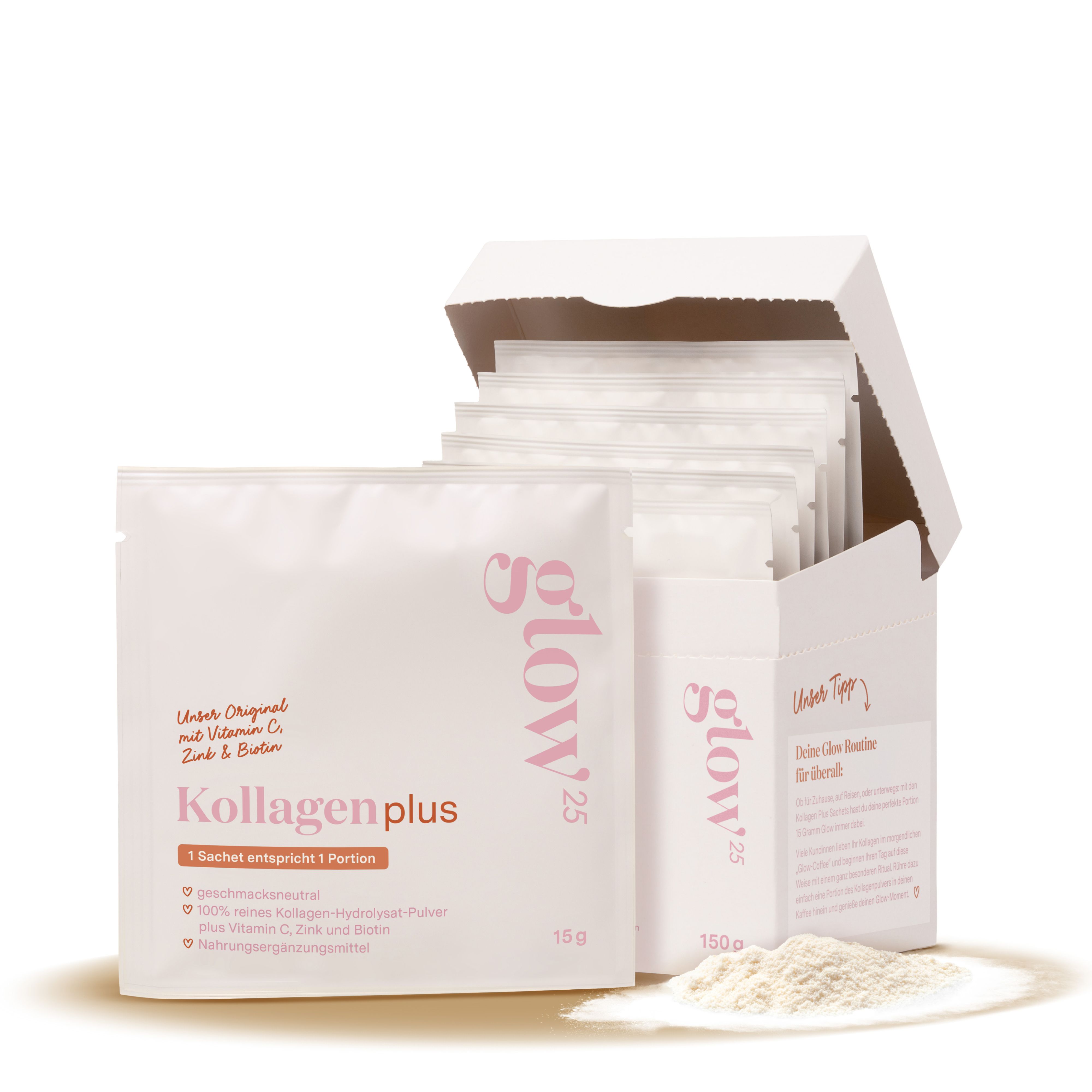 Glow25® Collagen Plus Sachets [10 Stück] - Kollagen Hydrolysat mit Vitamin C, Zink und Biotin