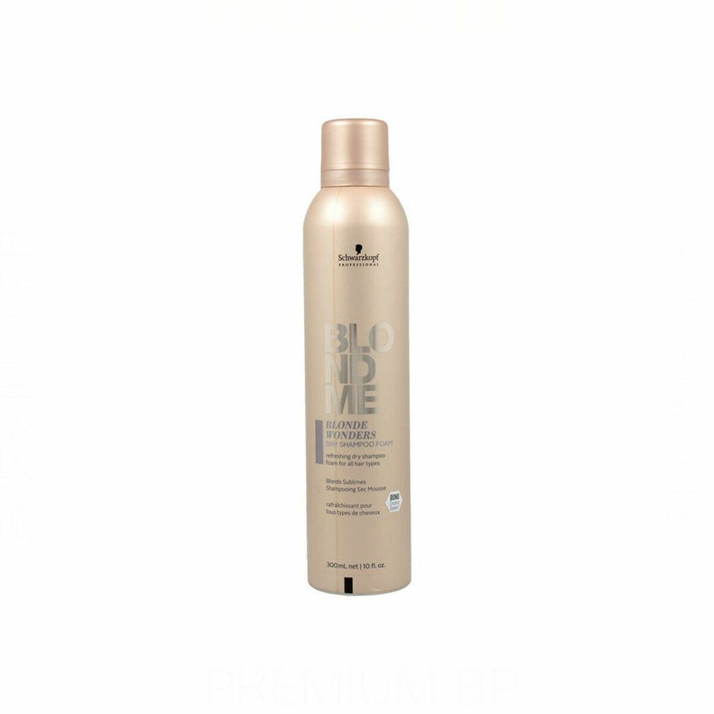 BlondMe Blonde Wonders Trockenshampoo-Flasche. Goldfarbenes Spray mit Markenlogo und Produktbezeichnung.