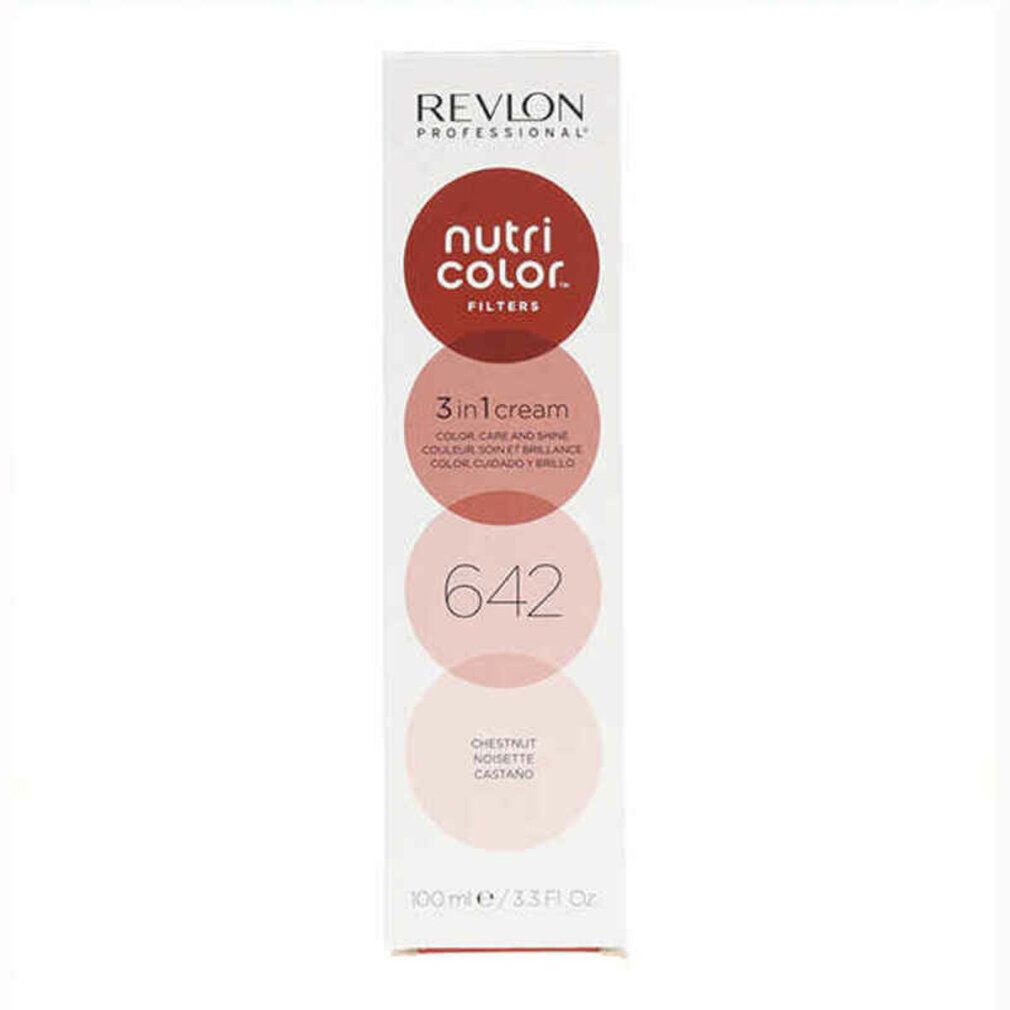 Verpackung der Haarfarbe. Marke Revlon. Farbton 642, Castaño. 3-in-1-Creme. 100 ml.