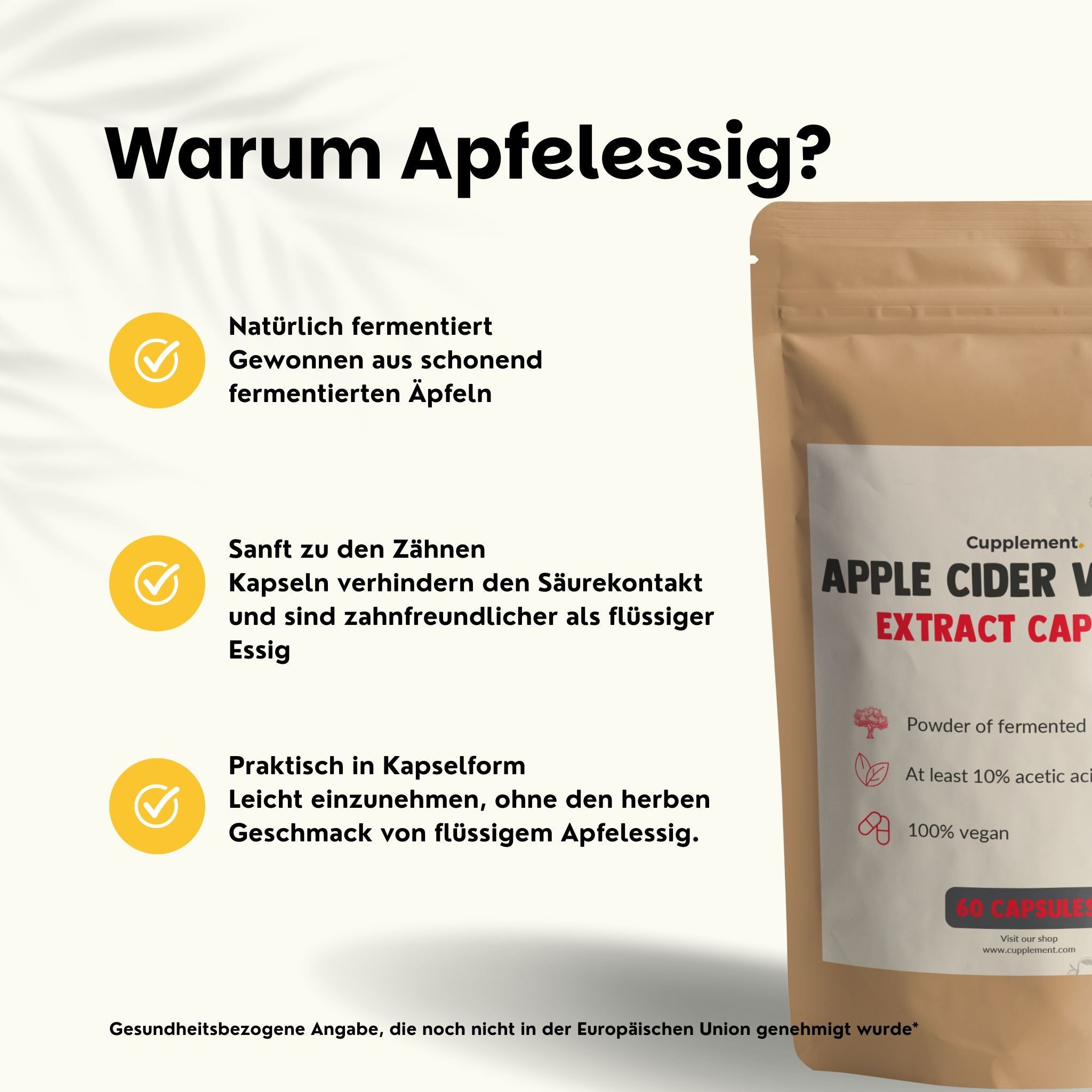Beutel mit Kapseln. Text: Apple Cider Vinegar Extract Capsules. Fermentiertes Apfelpulver, 100% vegan.