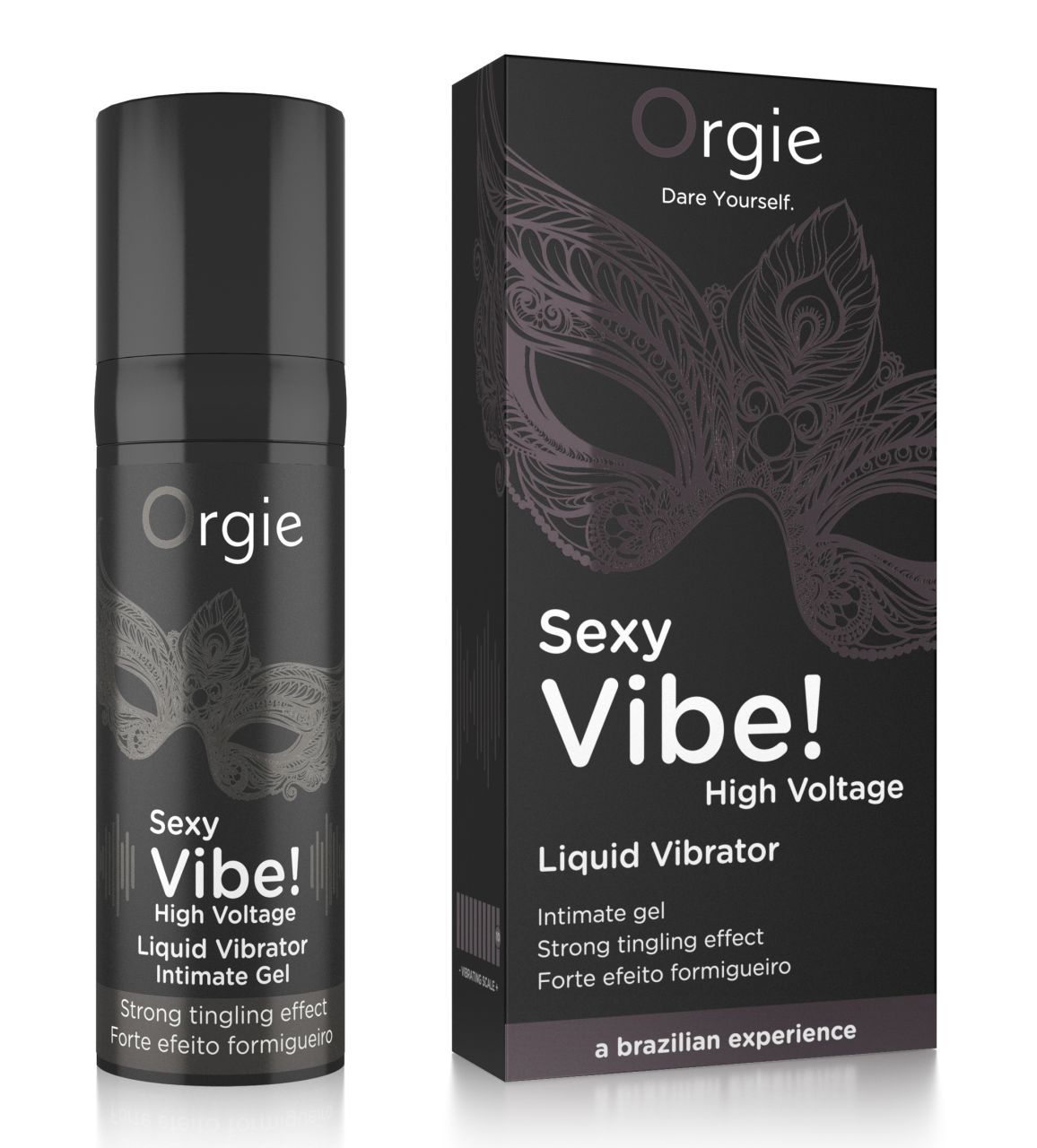 Schwarze Verpackung und Flasche. Aufschrift "Orgie Sexy Vibe! High Voltage Liquid Vibrator". Masken-Design.
