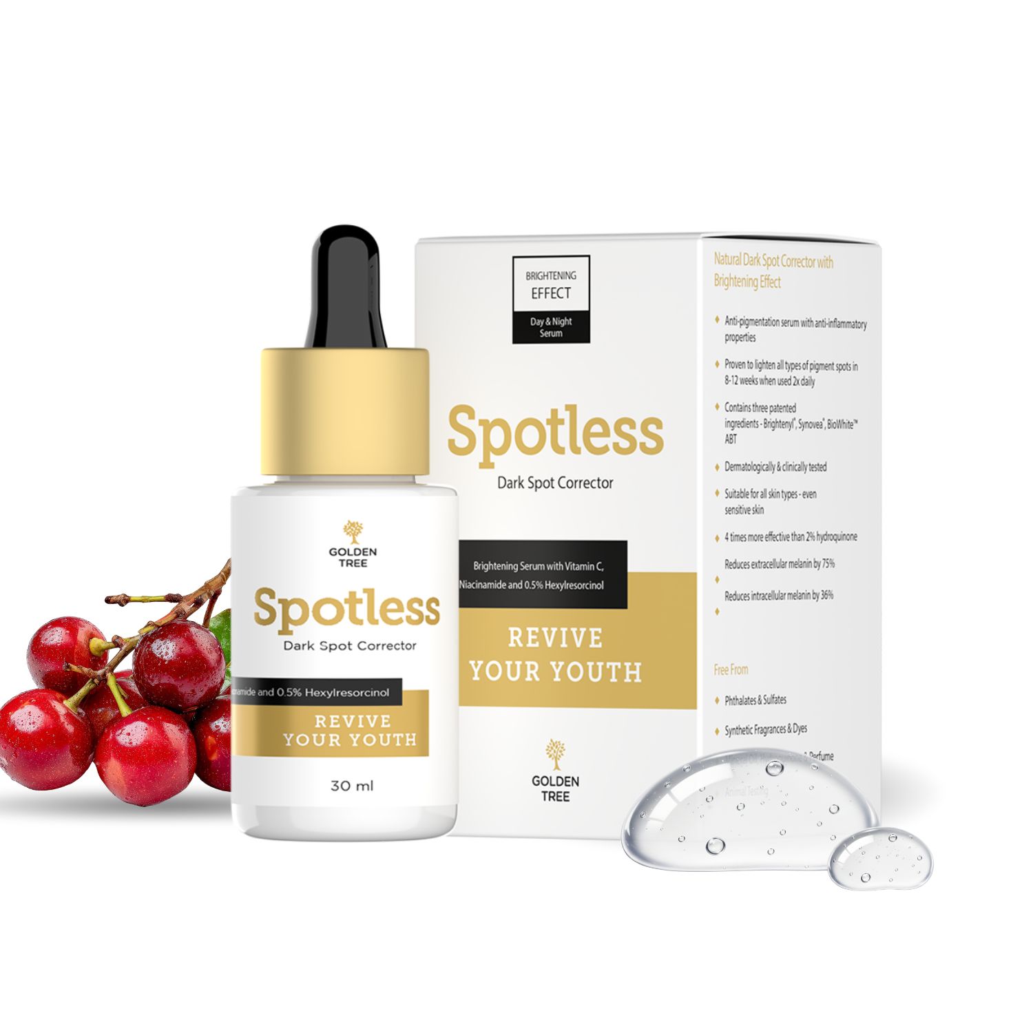 Golden Tree Spotless Dark Spot Corrector Serum mit Pipette und Verpackung, daneben Kirschen.