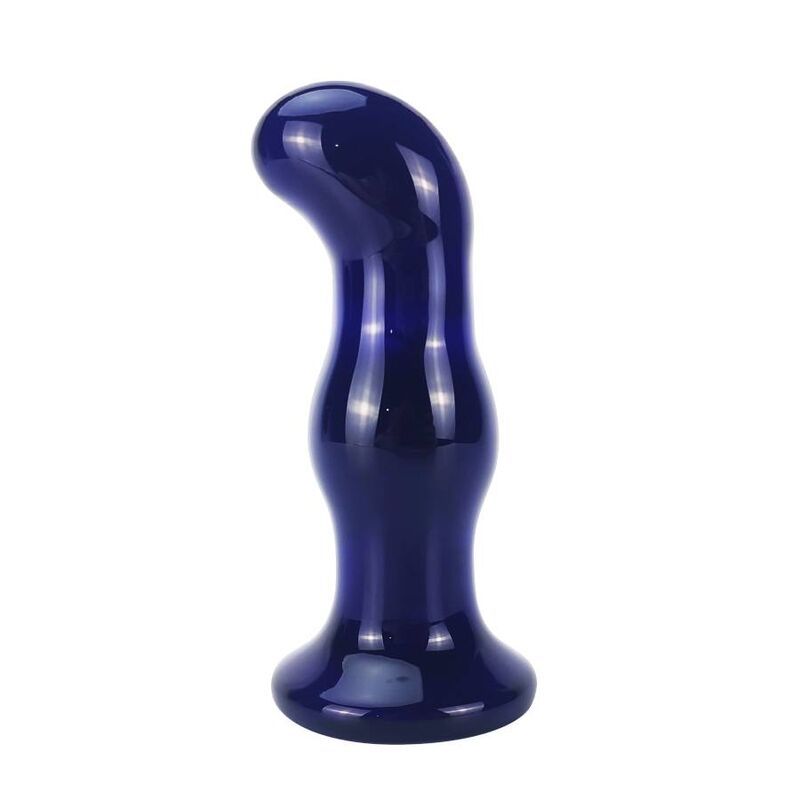 Blauer Glas-Analplug. Gebogene Form mit abgerundeter Basis und Spitze. Glänzende Oberfläche.