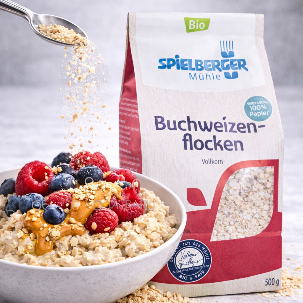 Spielberger Bio Buchweizenflocken 500g Packung mit einer Schüssel Buchweizenbrei, garniert mit Beeren und Erdnussbutter.