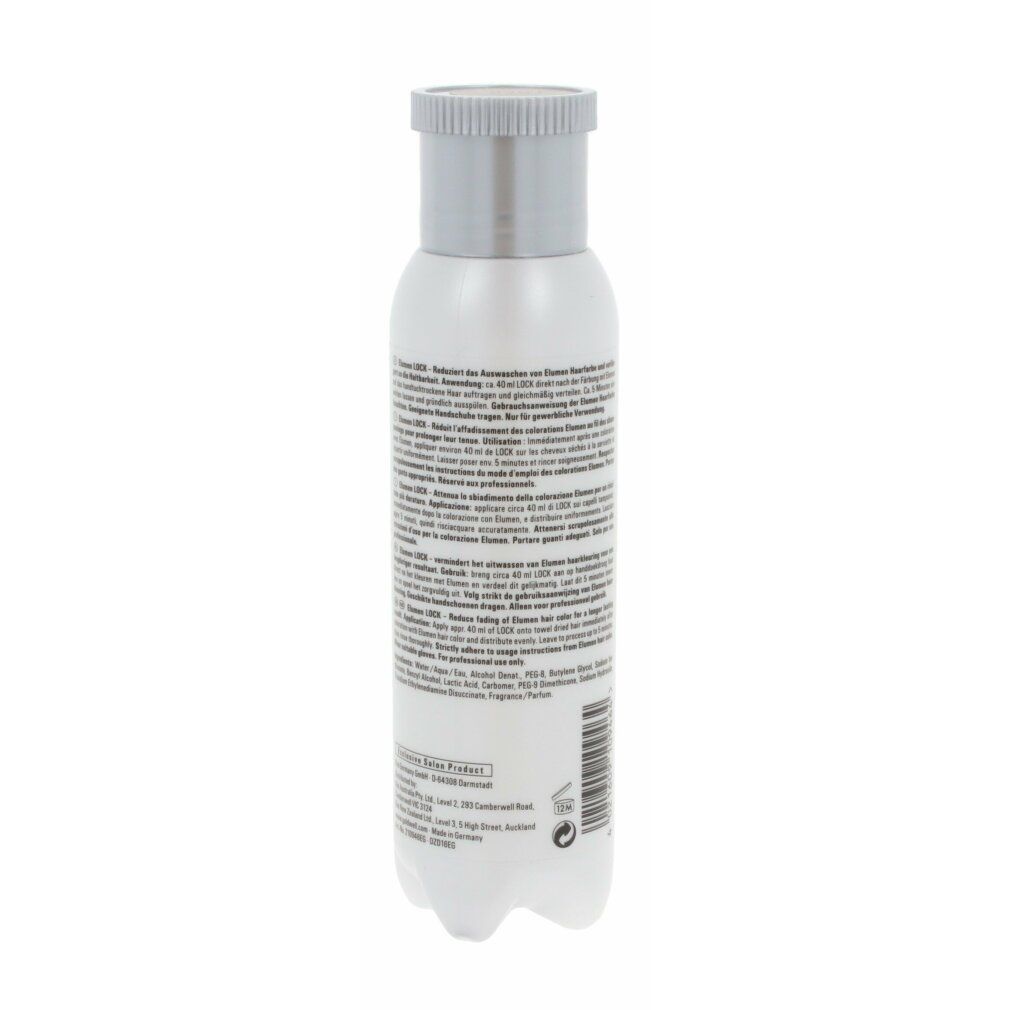 Rückseite der Goldwell Elumen Lock Flasche. Text in mehreren Sprachen. Weiß, mit silbernem Deckel.