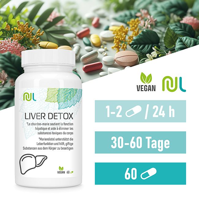 Weiße Flasche mit "LIVER DETOX"-Aufdruck. Grün-weiße Blätter-Grafik. Vegan-Siegel. 60 Kapseln. Dosierung: 1-2 Kapseln pro Tag.