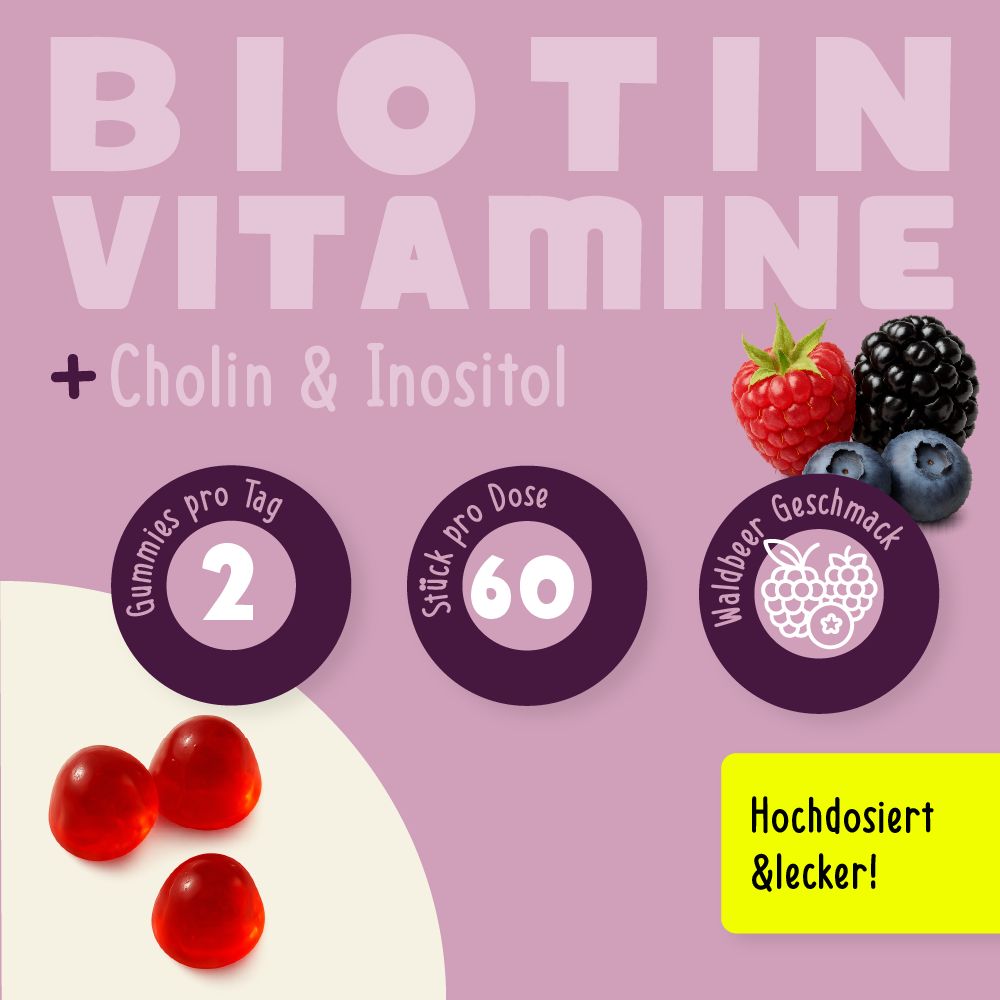 Rote Gummibärchen, Früchte und Text. Text: Biotin Vitamine, + Cholin & Inositol, 2 Gummies pro Tag, 60 Stück pro Dose, Waldbeer Geschmack, Hochdosiert & lecker!