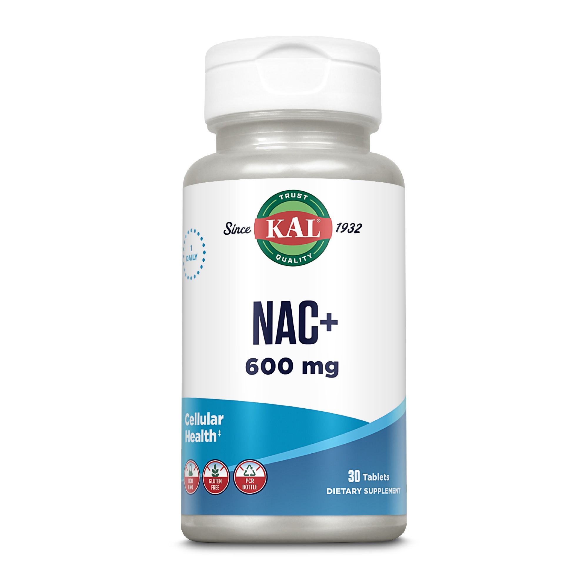 Flasche mit NAC+ 600 mg. Text: 30 Tabletten, Cellular Health, KAL-Logo.