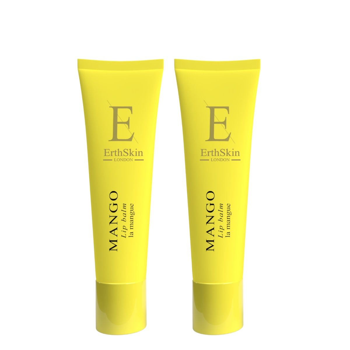 Zwei gelbe Lippenbalsam-Tuben. Aufschrift: Mango, ErthSkin London. Gelbe Tube mit gelbem Deckel.