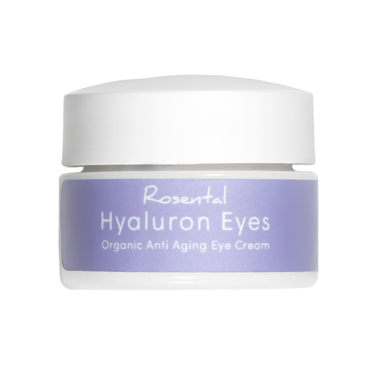 Kleiner Tiegel mit weißem Deckel und lila Etikett. Auf dem Etikett steht: Rosental Hyaluron Eyes Organic Anti Aging Eye Cream.