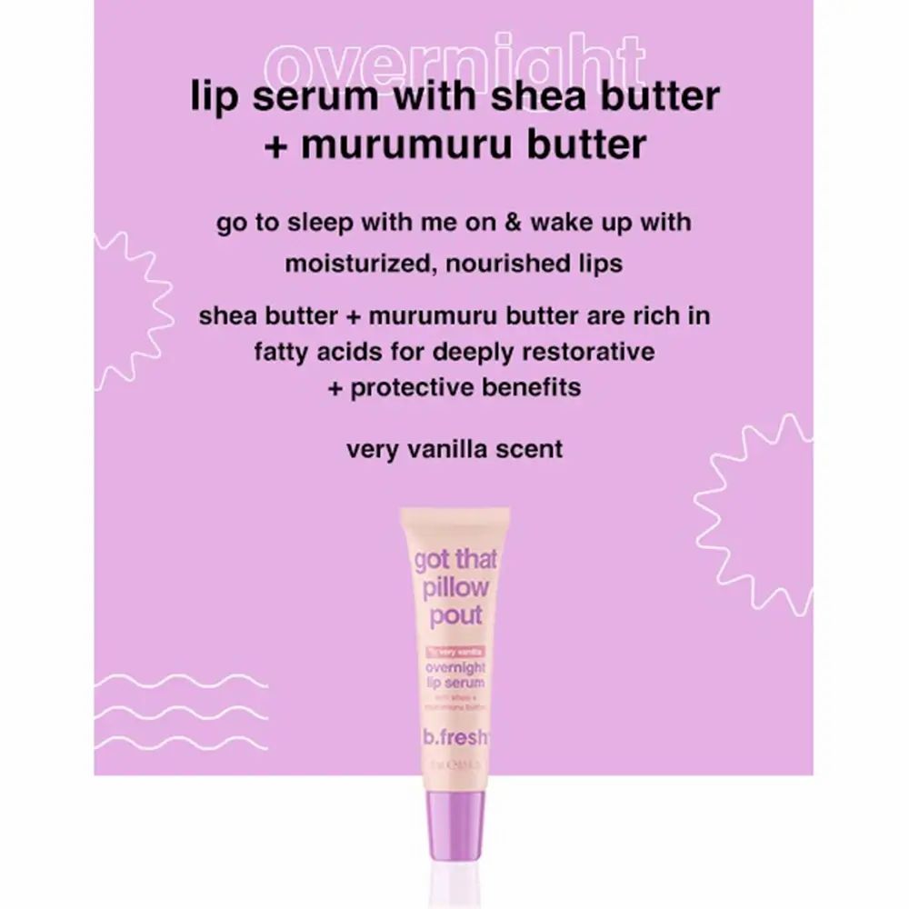 Produktinformationen. Text auf rosa Hintergrund. Enthält: Overnight Lip Serum mit Sheabutter + Murumurubutter, sehr Vanille Duft.