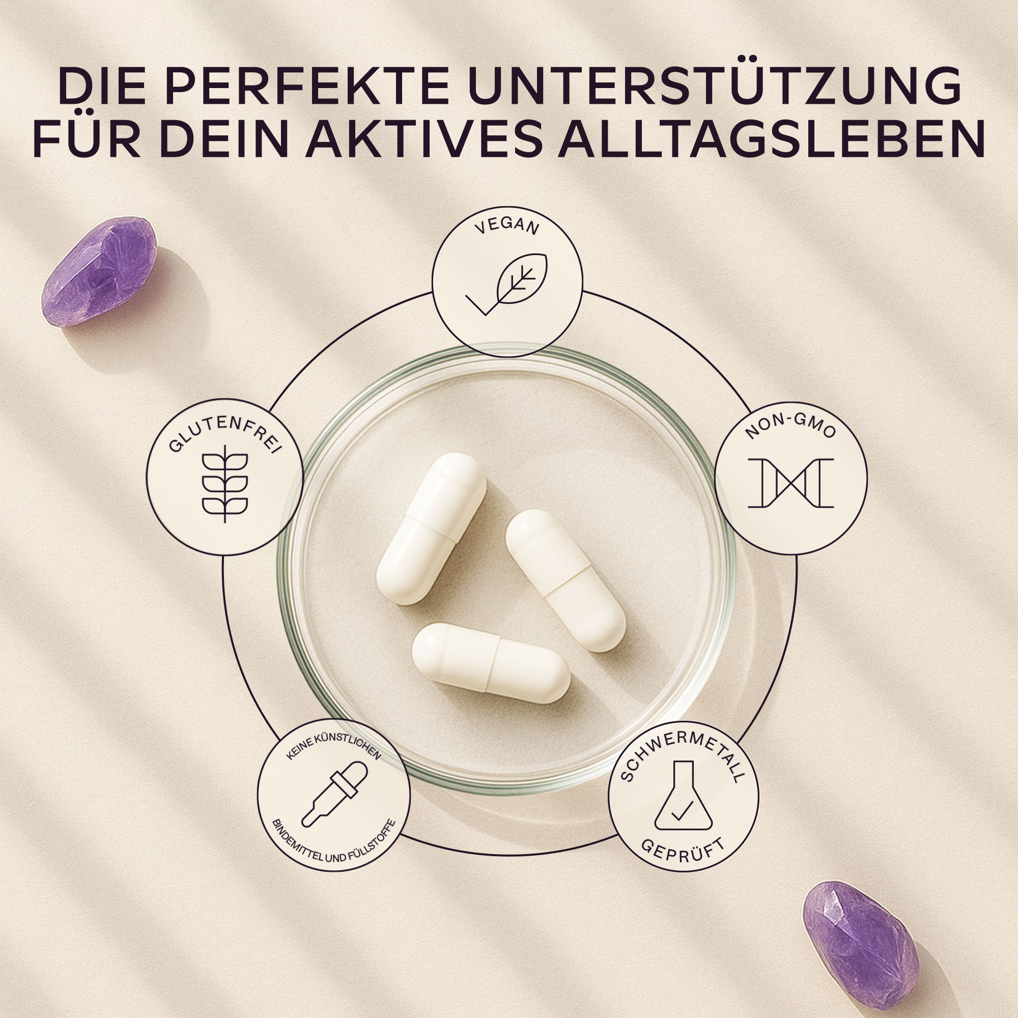 Aavalabs Magnesium Komplex Kapseln mit Icons: Vegan, Glutenfrei, Non-GMO, Schwermetall geprüft.