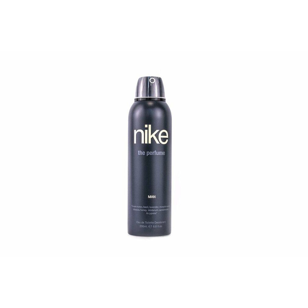 Schwarze Deodorant-Spraydose mit weißem "nike the perfume"-Logo. Text: "MAN", Inhaltsstoffe, "Eau de Toilette Deodorant".