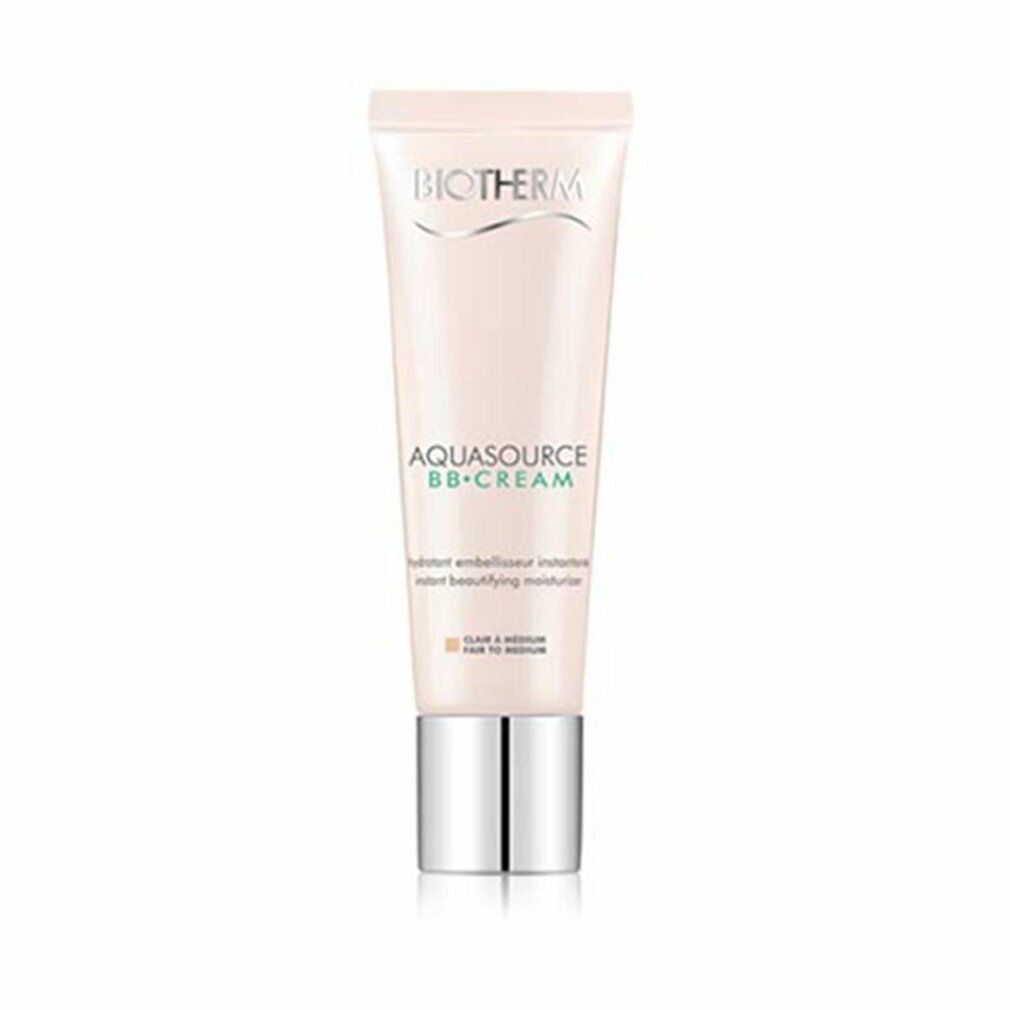 Tube BIOTHERM AQUASOURCE BB CREAM. Farbton Fair to Medium. Silberfarbener Verschluss. Produktbezeichnung und Logo sichtbar.