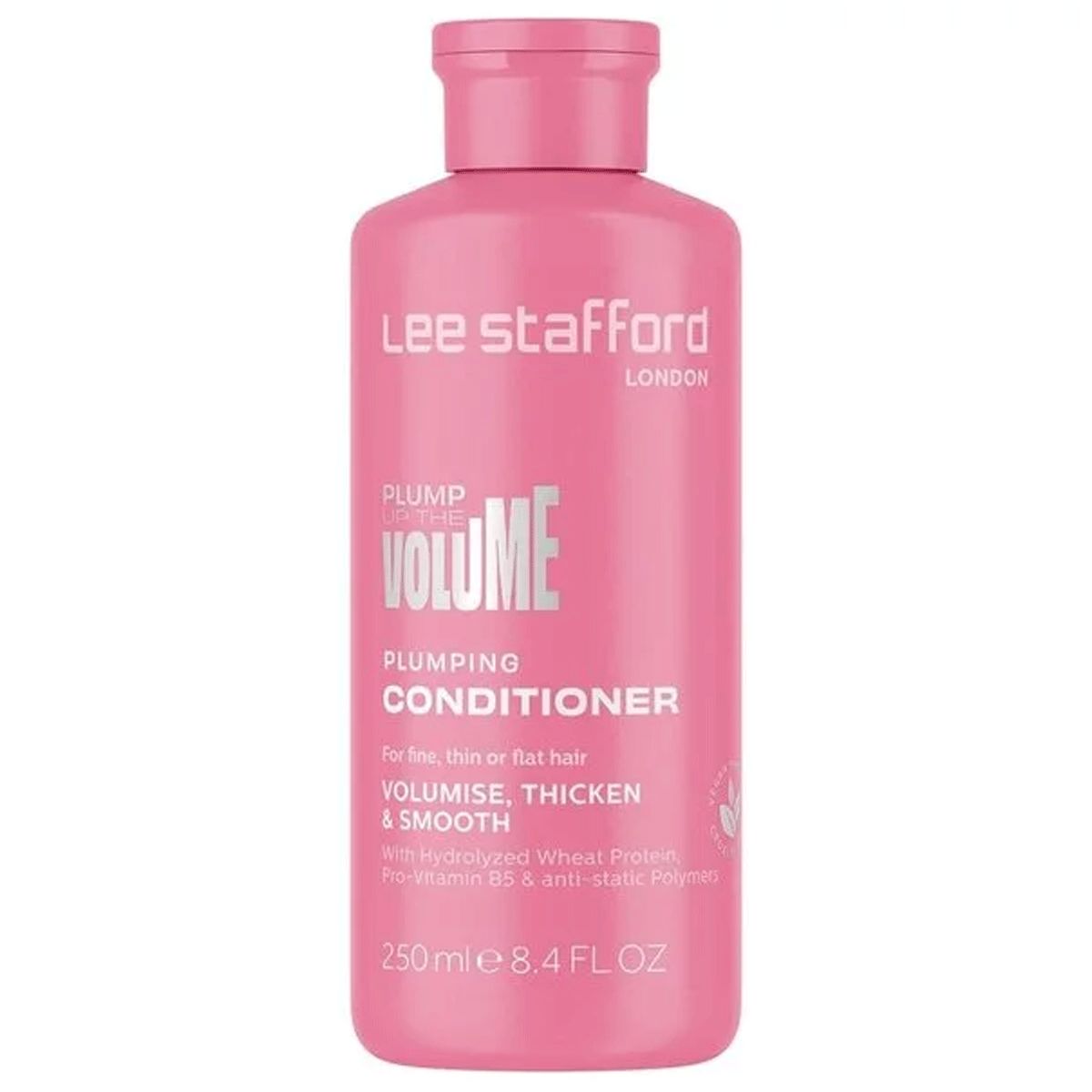 Eine rosa Flasche Lee Stafford Plump Up The Volume Plumping Conditioner, 250 ml.