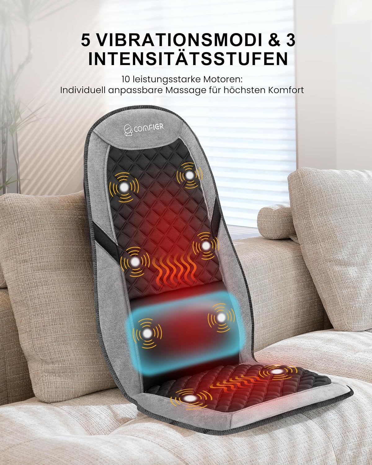Graue Massageauflage für Stuhl mit 10 Motoren, 5 Vibrationsmodi und 3 Intensitätsstufen.