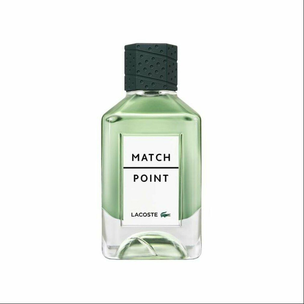 Grünes Parfümflakon. Aufschrift: MATCH POINT, LACOSTE. Flakon mit grünem Deckel. Klares Glas, eckige Form.