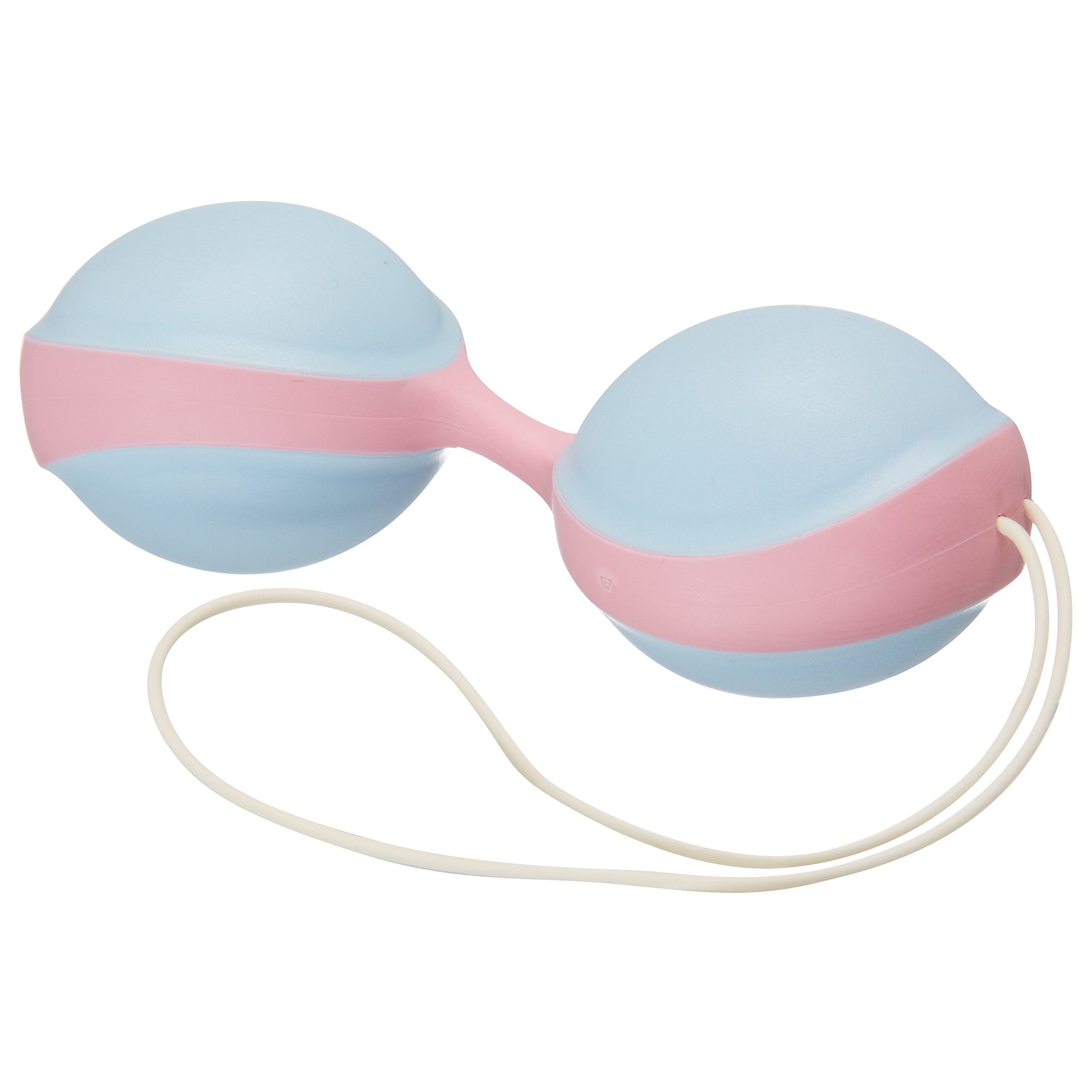 Zwei kugelförmige Vaginalkugeln, blau mit rosa Streifen, verbunden durch ein kurzes, flexibles Stück, mit einer Schnur.